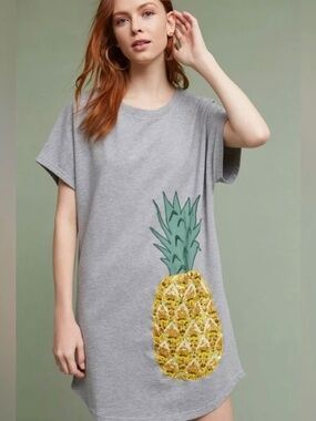 Maeve Pineapple Womens Sz M Embroidered Tshirt Dress Embellished Whimsical NWOT